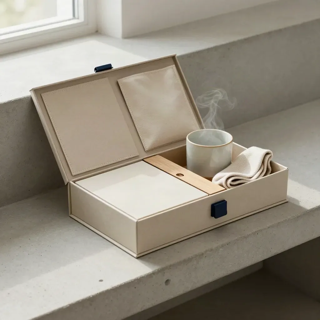Box di pianificazione startup digitale su panca in cemento con tazza, panno e inserti modulari.