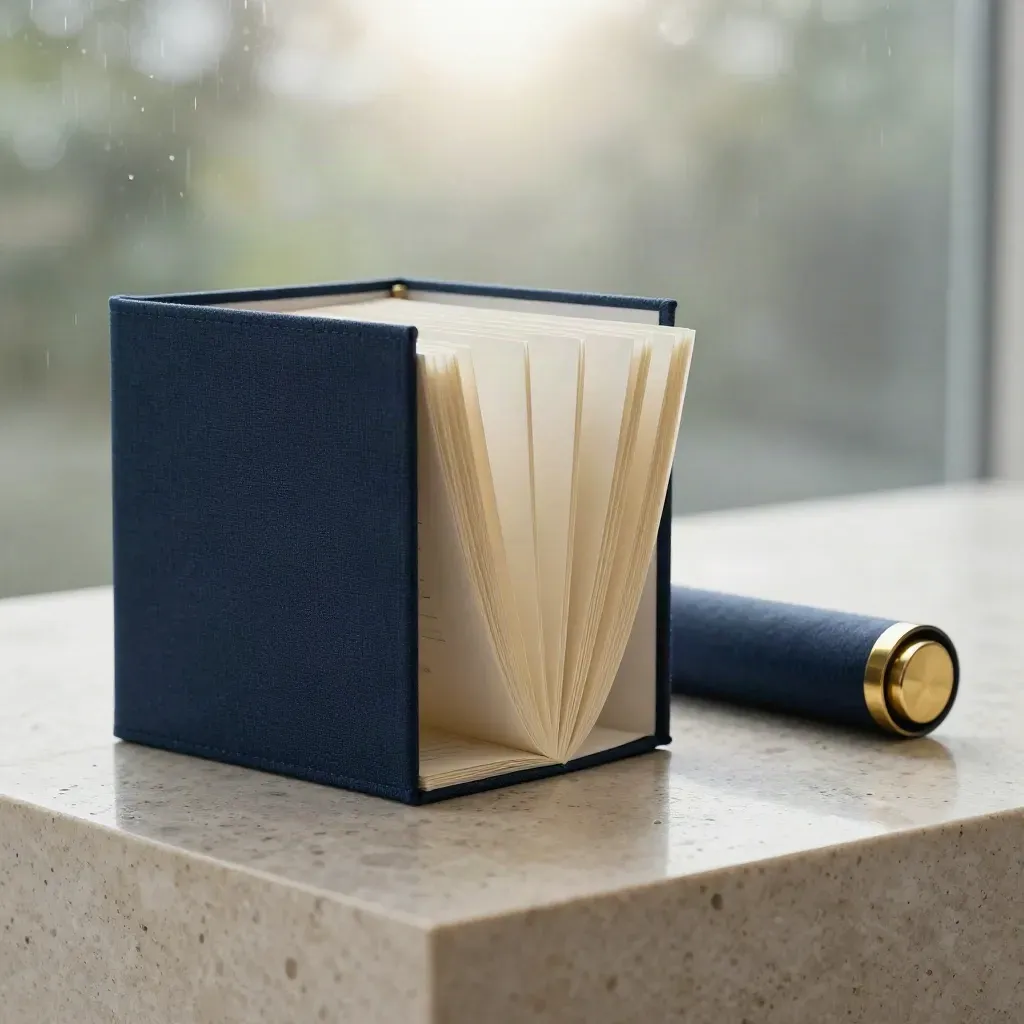 Dossier innovazione in lino blu notte con pannelli aperti e tubo, su travertino dopo la pioggia.