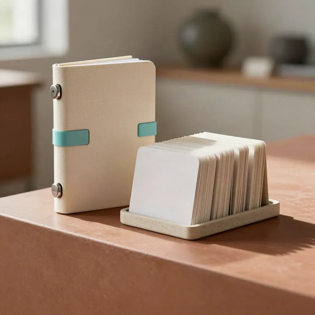Kit mensile con magneti modulari e cards su plinto in terracotta, luce morbida e atmosfera elegante.