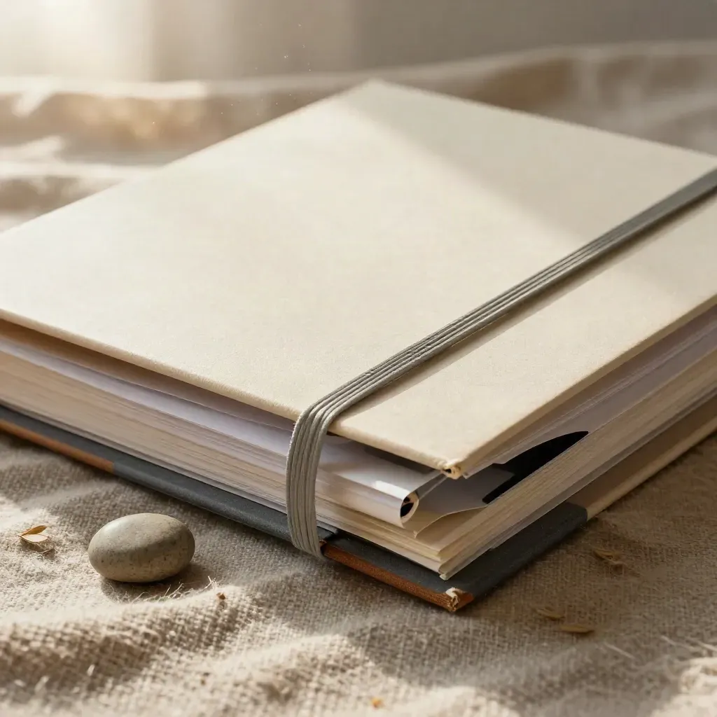 Binder per change management su lino grezzo, con elastico, tab e peso in pietra.