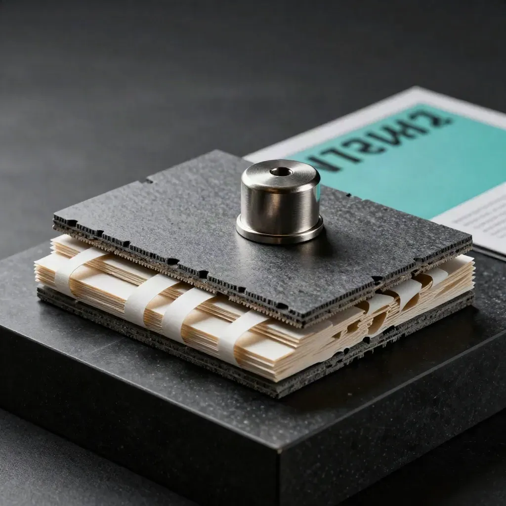 Bundle di ottimizzazione processi con moduli sovrapposti e fermacarte metallico su base nera.