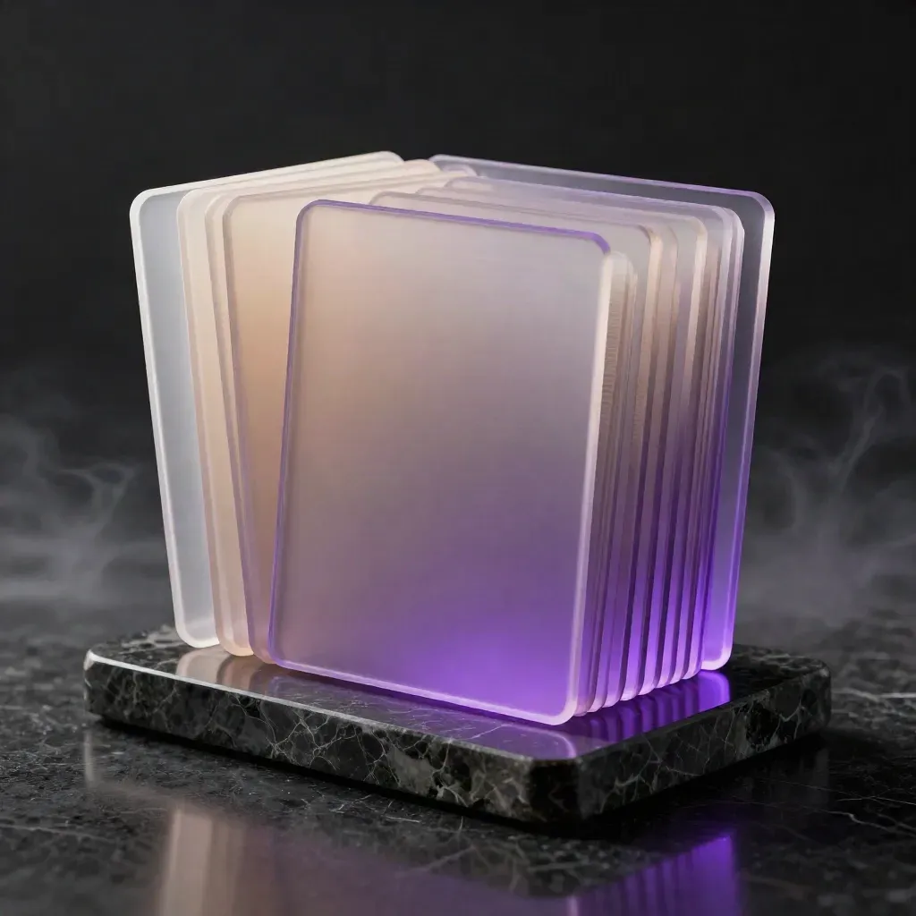 Pacchetto astratto con divisori traslucidi e base in pietra, luce viola su sfondo scuro.