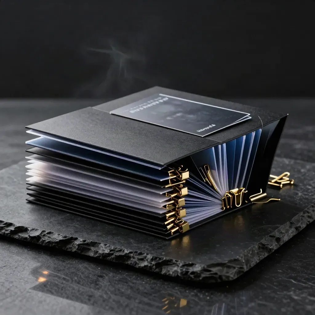 Cartelle nere, divisori traslucidi e clip in ottone su fondo scuro, stile premium.