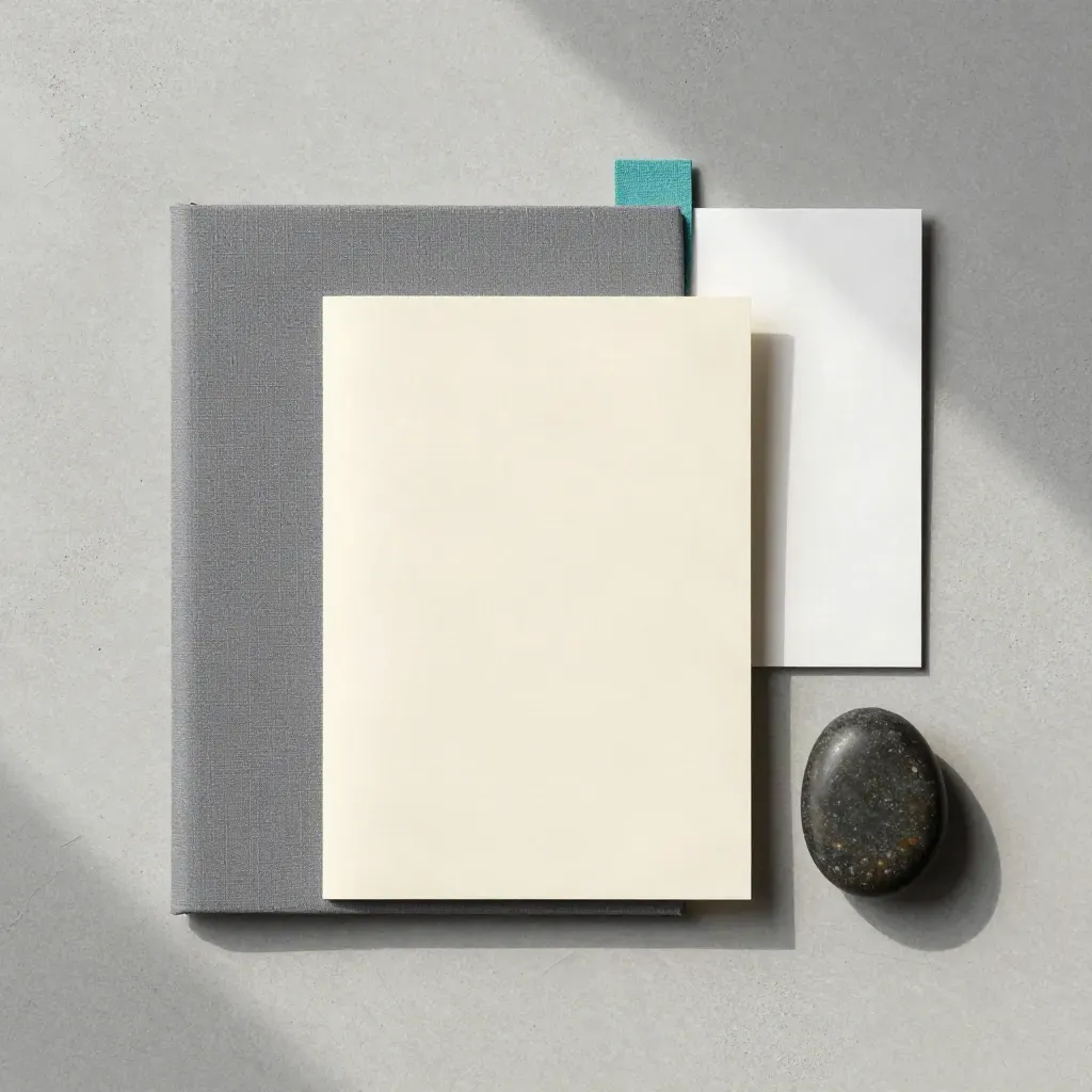 Flatlay dall’alto con booklet, custodia vuota, pietra scura e card su cemento chiaro