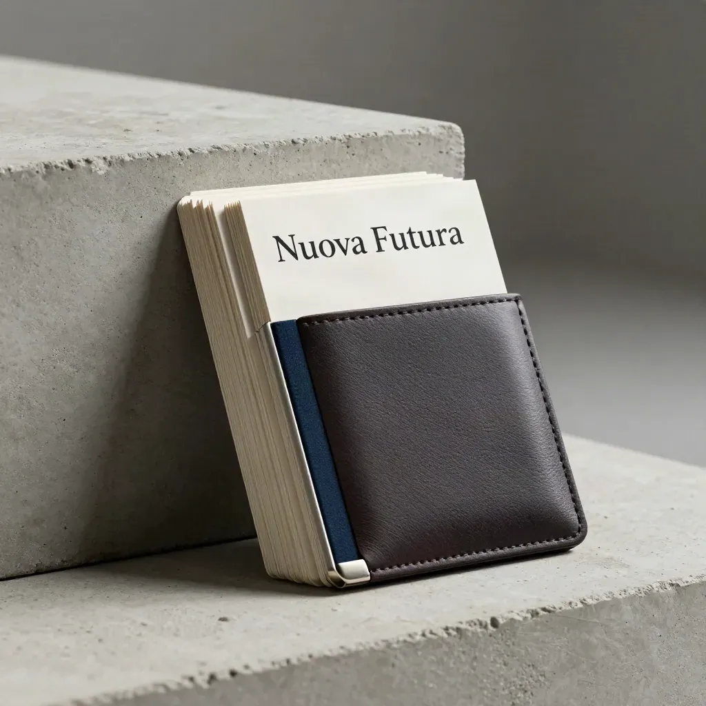 Kit di carte margini e prezzi appoggiato a un blocco di cemento, stile premium e moderno