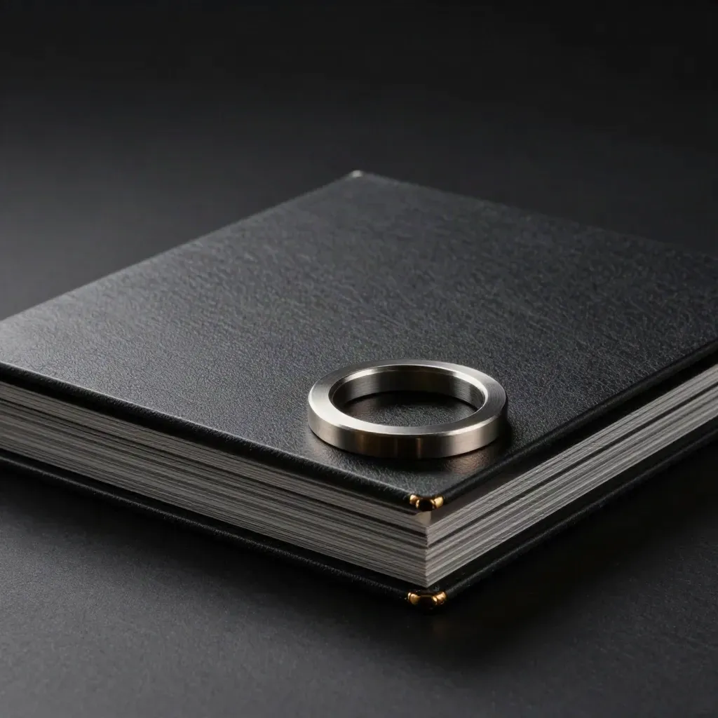 Set workshop di leadership su superficie nera, con slipcase, schede stratificate e anello token.