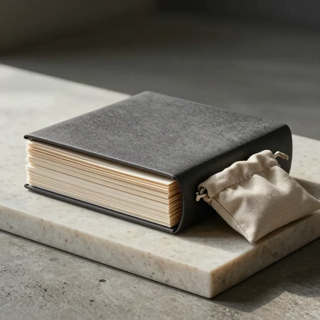 Pacchetto startup in slipcase con inserti di carta grezza e sacchetto di tessuto, luce morbida.