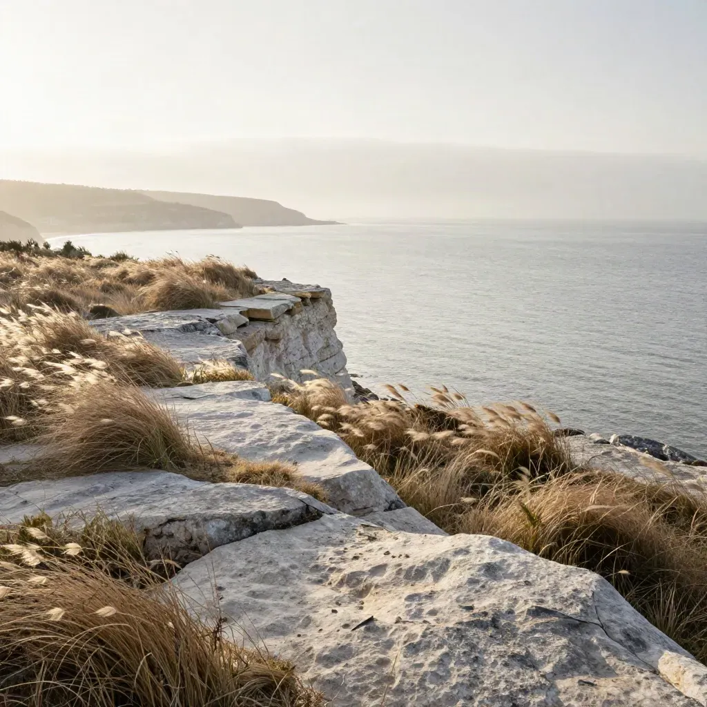 Terrazza calcarea sul mare con erbe secche mosse dal vento e un capo lontano nella foschia
